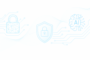 Abstract AI-powered cyber security illustration with lock, shield, and AI brain icons on a light blue and white background.
