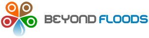 Beyond Floods logo with layered blue and gray triangular shapes next to the “Beyond Floods” wordmark, representing private flood insurance protection by National General and Allstate.