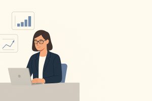 Flat-style digital illustration of a professional consultant at a desk with a laptop and charts in the background, with clean open space on the right side for text or widgets.