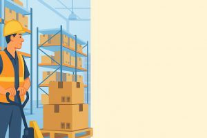 Flat illustration of warehouse racks and a pallet jack with stacked boxes on the left, leaving open space on the right for website text or widgets.