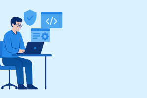 Flat-style digital illustration of an IT professional at a laptop with coding and security icons in the background, leaving clear space on the right side for text or widgets.