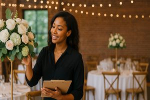 Event planner holding a clipboard and arranging table settings in a decorated venue, positioned for banner layout.