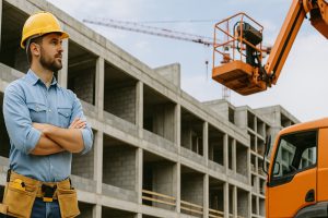 Construction site foreman in hard hat reviewing plans, standing beside steel framework under construction.
