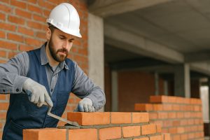 Masonry contractor wearing safety gear, holding a trowel and brick, working on a brick wall under natural daylight.