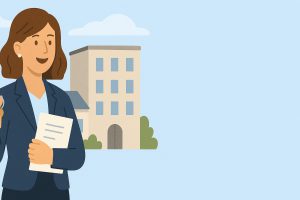 Illustration of a property manager standing in front of a residential/commercial building with keys and documents, positioned on the left side, leaving the right side clear for website overlays or widgets.