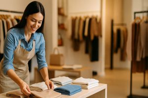 Female retail store owner arranging merchandise in a bright, modern shop, with open space on the right for text overlays.