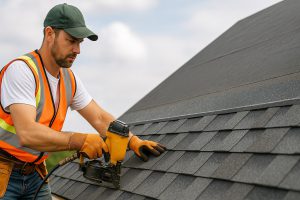 Roofer in safety harness installing shingles on a roof under a clear blue sky, positioned for banner layout.