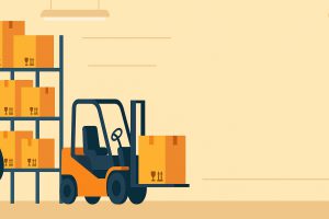 Flat illustration of a warehouse worker with a hard hat and forklift on the left, with tall storage racks and an open right side for text overlays.